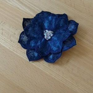 Handmade Navy Flower Hair Clip with Rhinestones